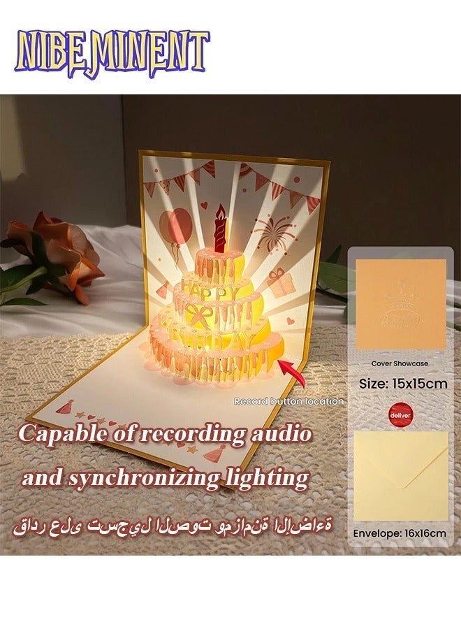 NIBEMINENT 3D Birthday Cards, Can Make a Recording Convey Your Blessings With Warm LED Light Birthday Cake Card, Music Greeting Cards Gift for Women Mom Wife Sister Girl - Image 1